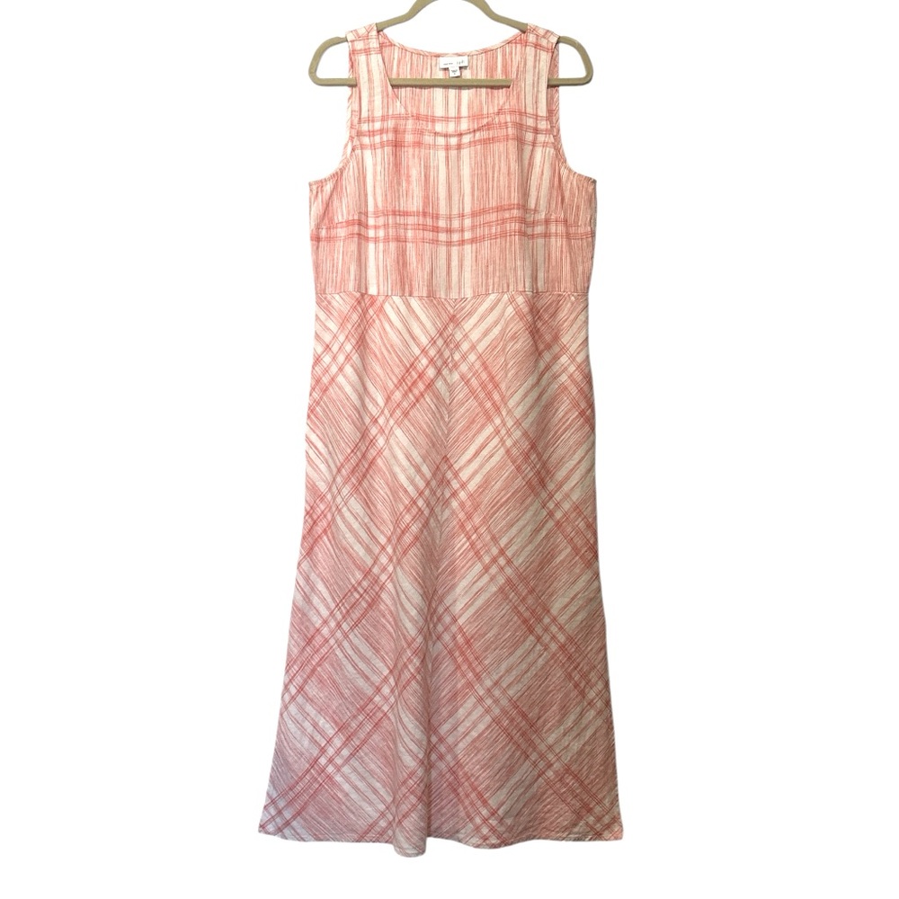 J. Jill Love Linen Lagenlook Coastal Plaid Midi Dress Sleeveless Peach Coral M
